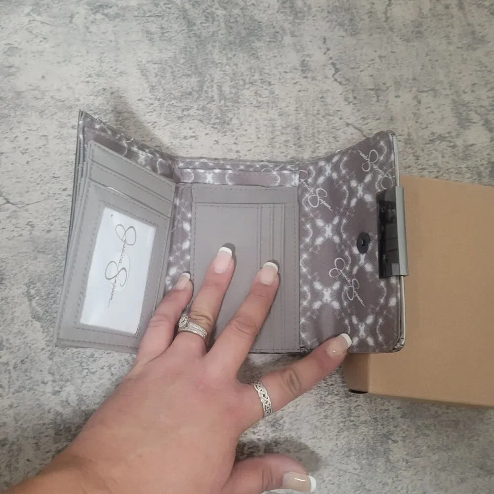 Jessica Simpson Women's Wallet Shiny Pewter Gray Silver Studded New Trifold